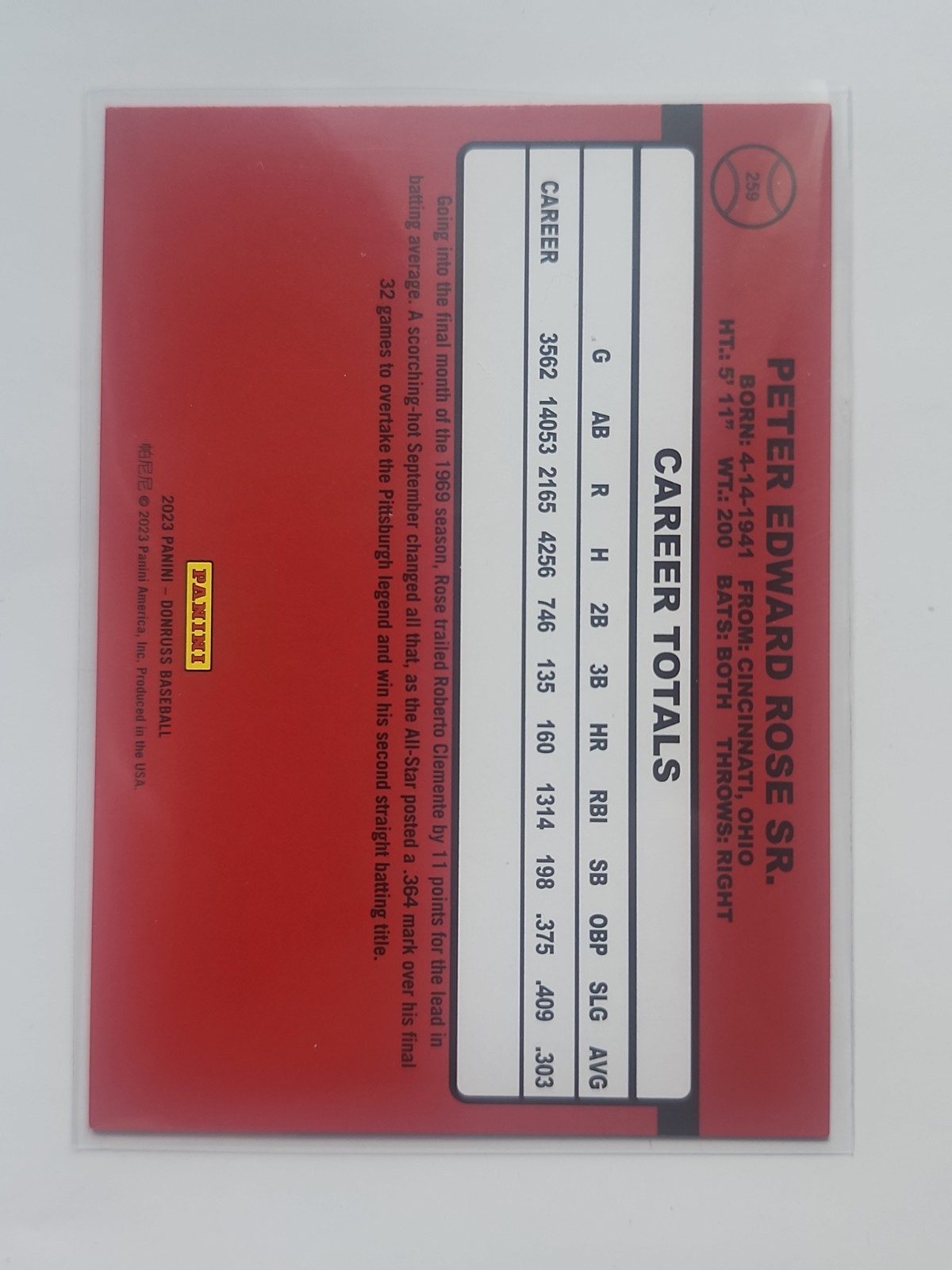 2023 Panini Donruss – Retro 1990 Pete Rose #259 Holo Red Numbered /2023