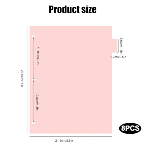 8Pcs 3 Ring Binder Dividers with 8 Tabs,A4 Sturdy Plastic Dividers Pink