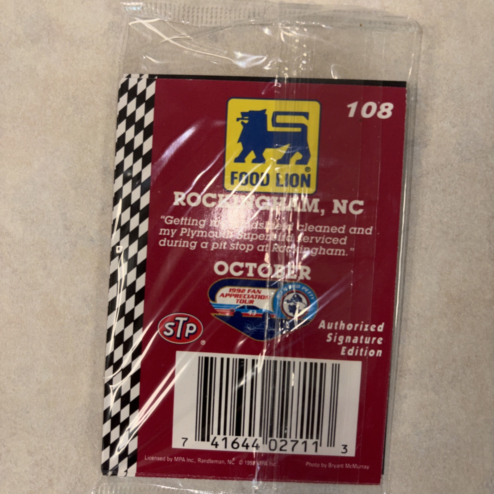 1992 Fan Appreciation Tour Card Food Lion Richard Petty #108 OCT. Rockingham, NC