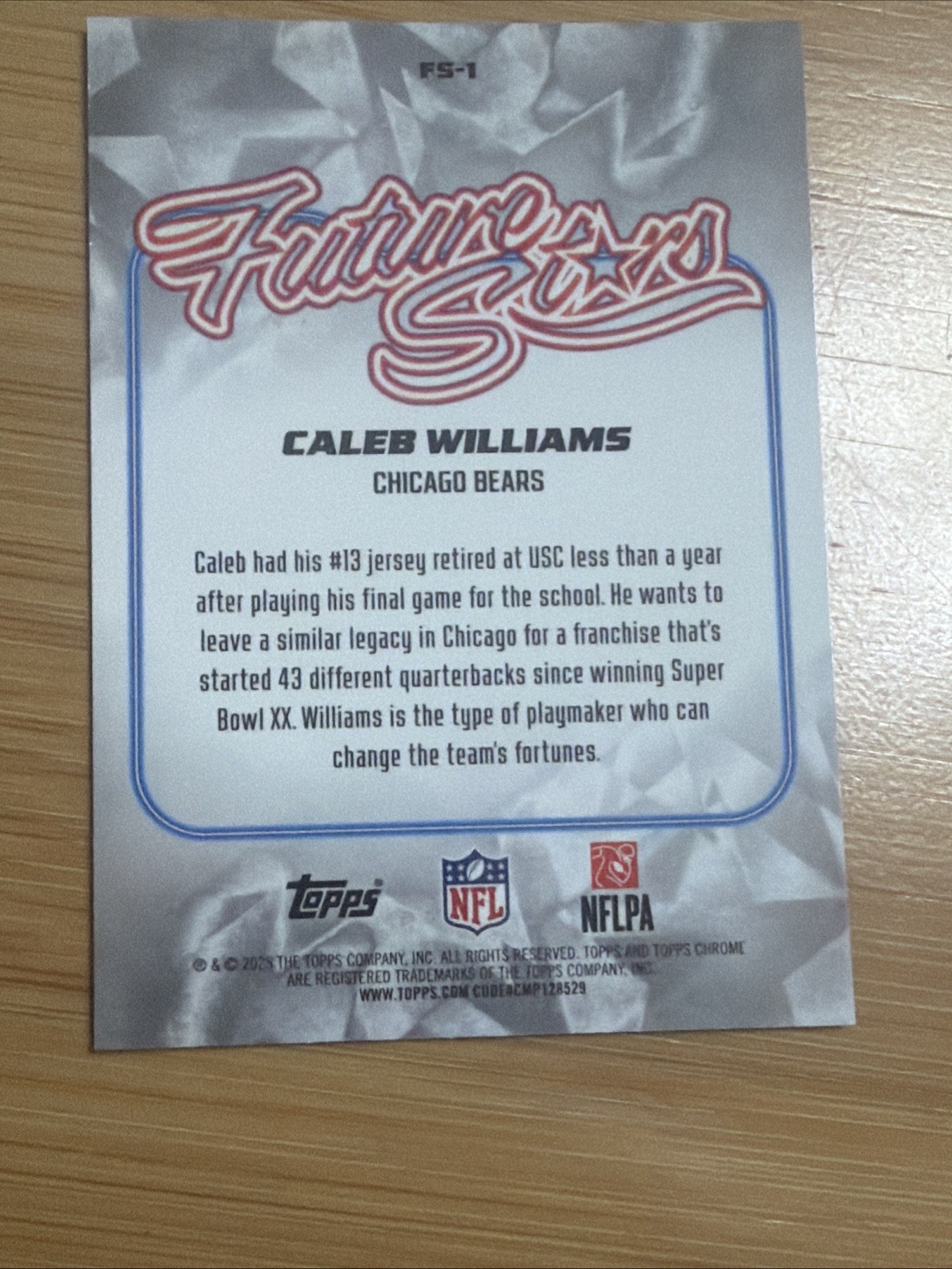 2025 Topps Chrome #FS-1 Caleb Williams Future Stars Yellow Refractor #/275