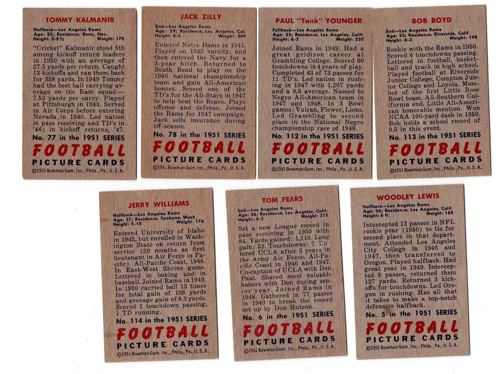 1951 Bowman Football Cards Part Set Qty 75 Different Many HOF Players.