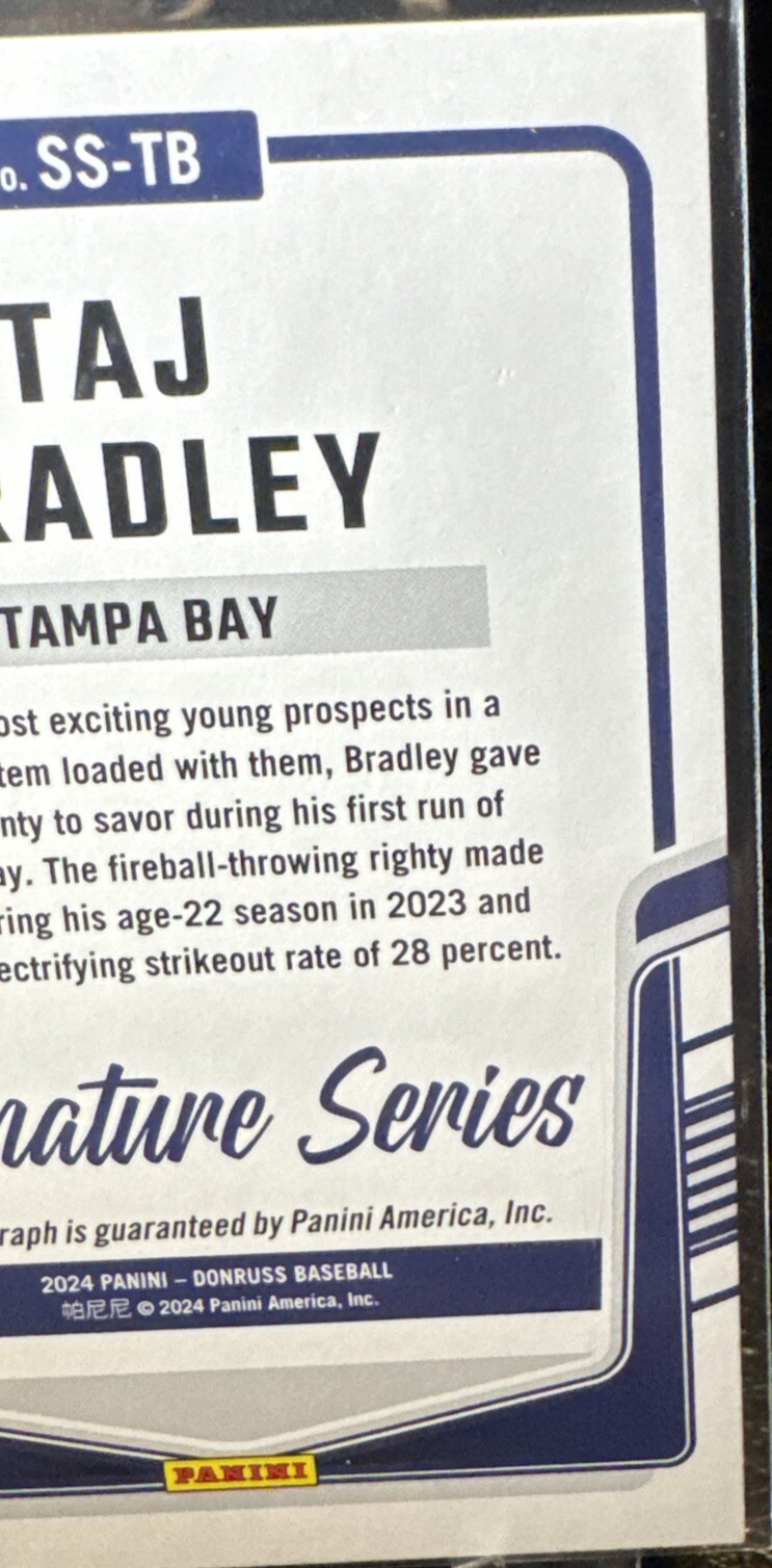2024 Donruss Signature Series Autograph Taj Bradley #SS-TB Gold /10 TB Rays