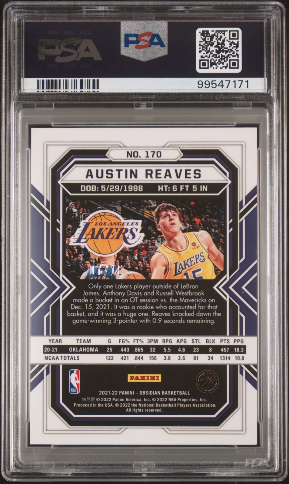 2021 PANINI OBSIDIAN EE BLUE #170 AUSTIN REAVES 7/16 PSA 9