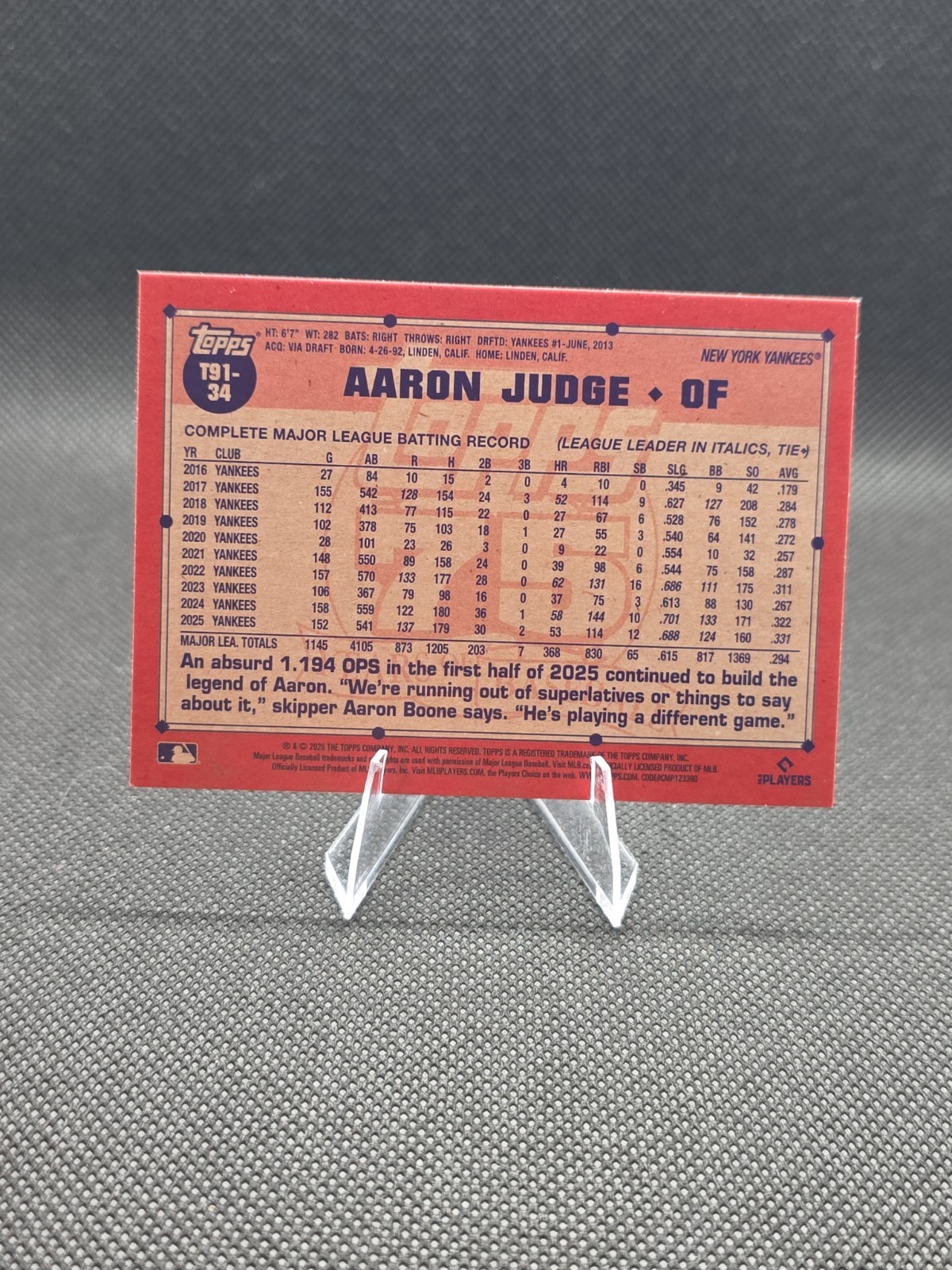 2026 Topps 1991 Topps Baseball#T91-34 Aaron Judge Crackleboard Foil