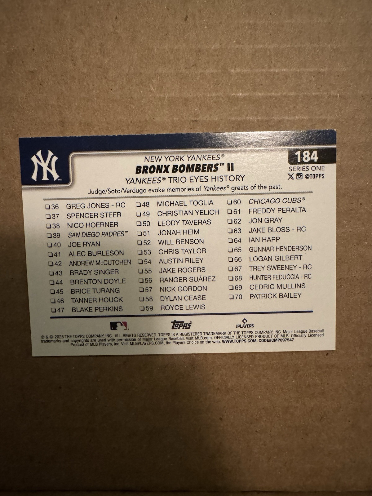 2025 Topps Series 1 Bronx Bombers II (CL) Aaron Judge/Juan Soto #184