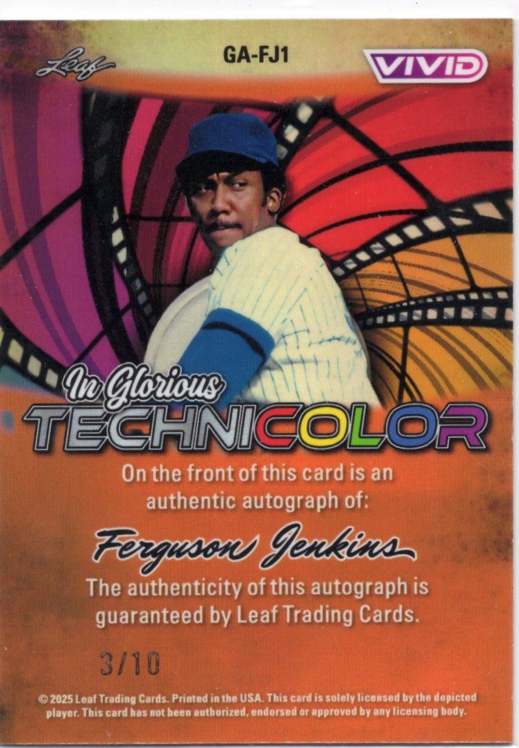 2025 Leaf Vivid Baseball Fergie Jenkins Cubs Teal Glorious Technicolor Auto 8/10