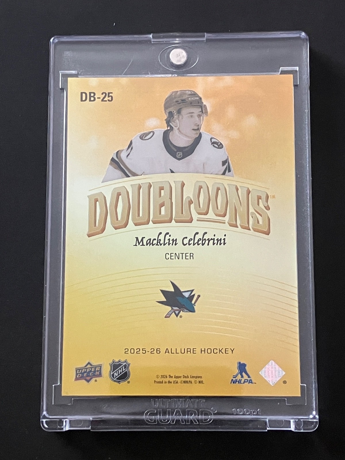 2025-26 Upper Deck Allure Doubloons Macklin Celebrini DB-25. Rare Case Hit