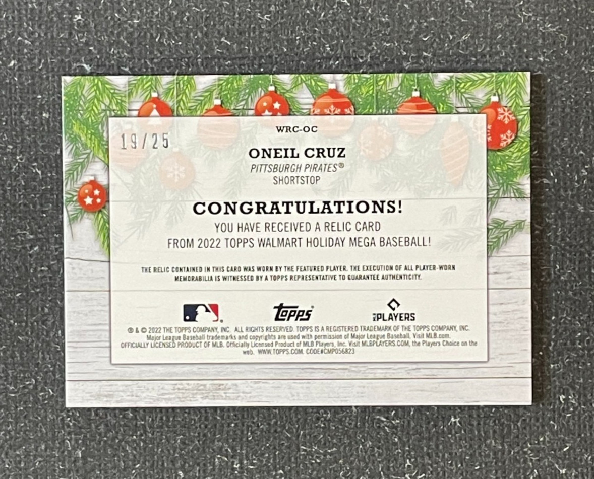 Topps 2022 Holiday Oneil Cruz Player Worn Rookie Patch! Red Parallel 19/25!!!