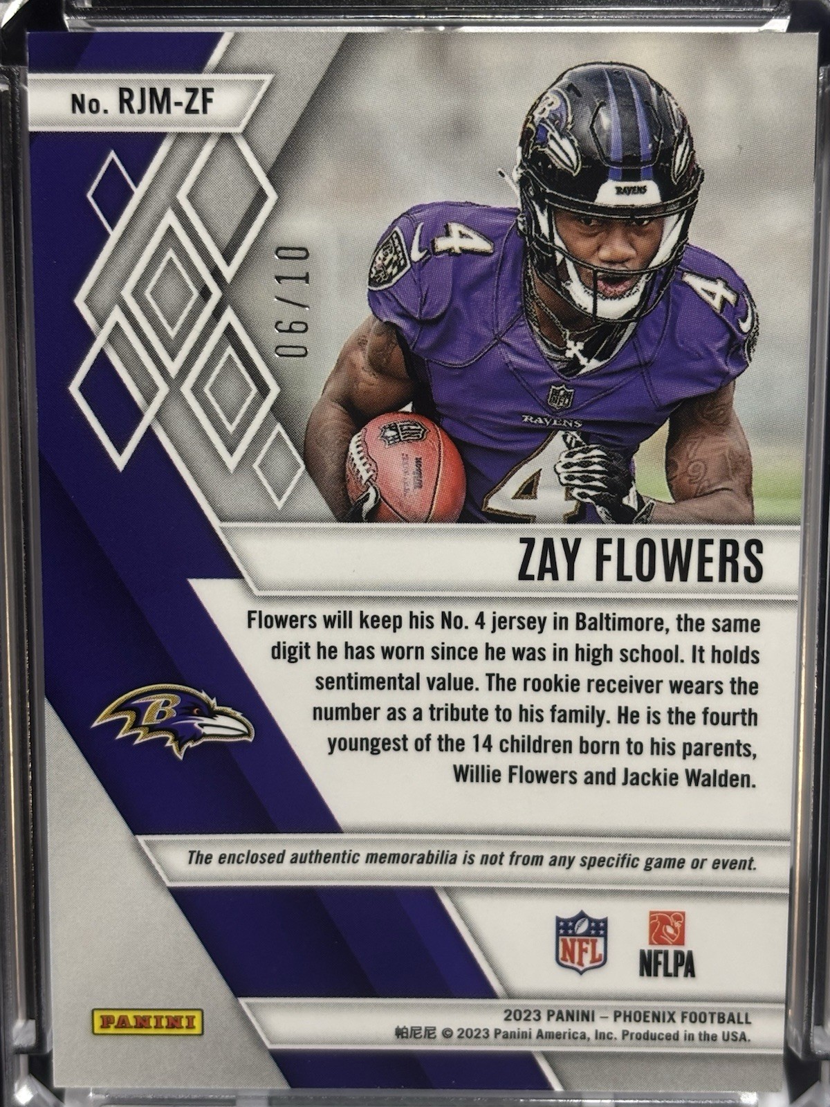 2023 Panini Phoenix – Rookie Jumbo Memorabilia Zay Flowers #RJM-ZF Purple /10