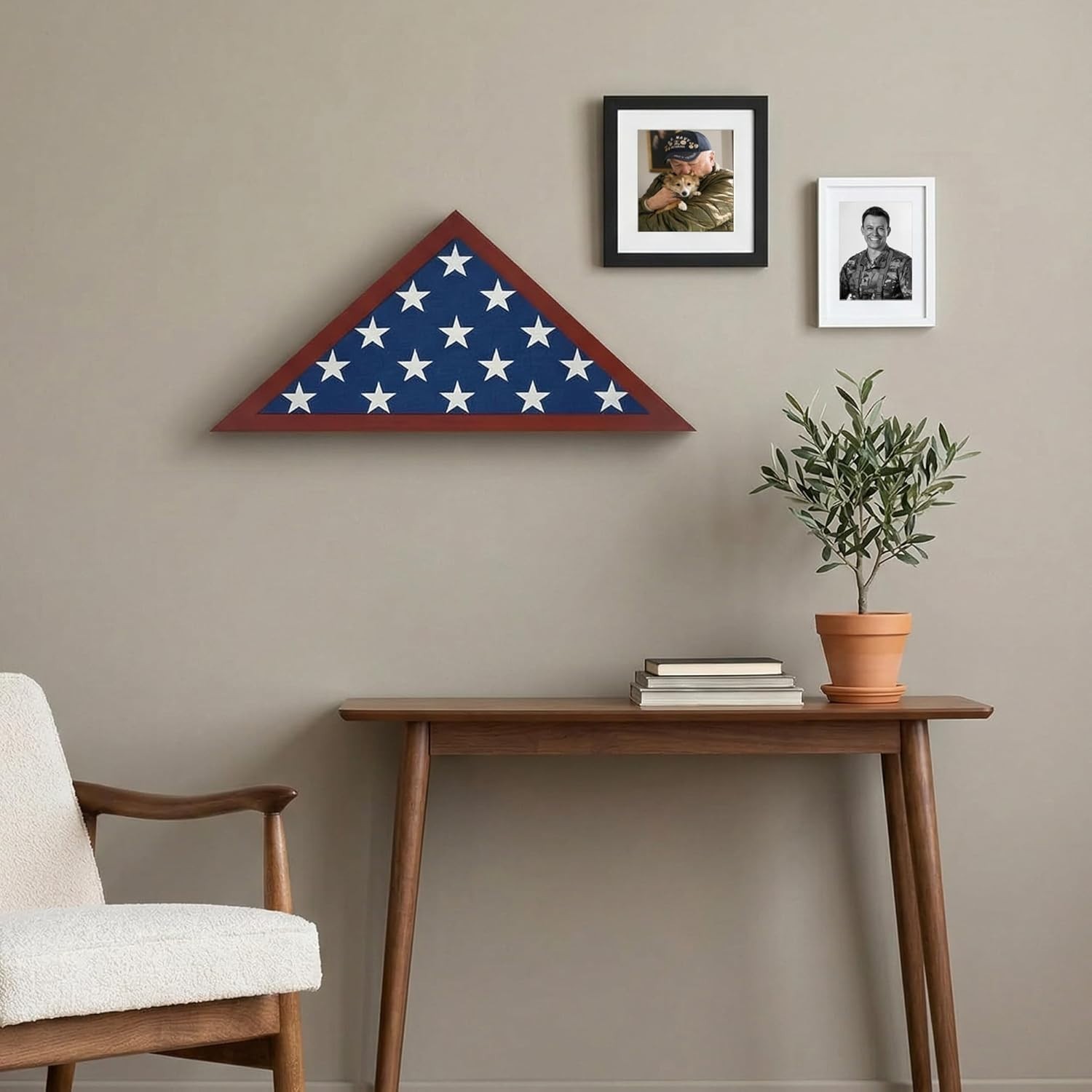 Triangular Mahogany Memorial Flag Case – Displays 5×9.5′ Burial Flag with Pride