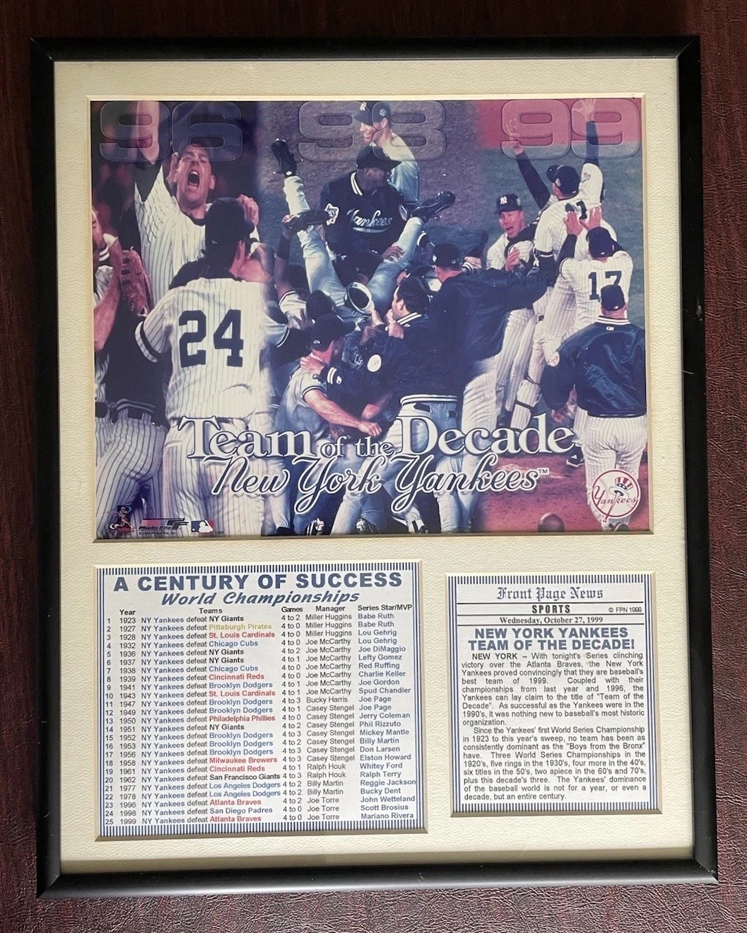 1999 Team Of The Decade New York Yankees W/ Championship List Framed Picture