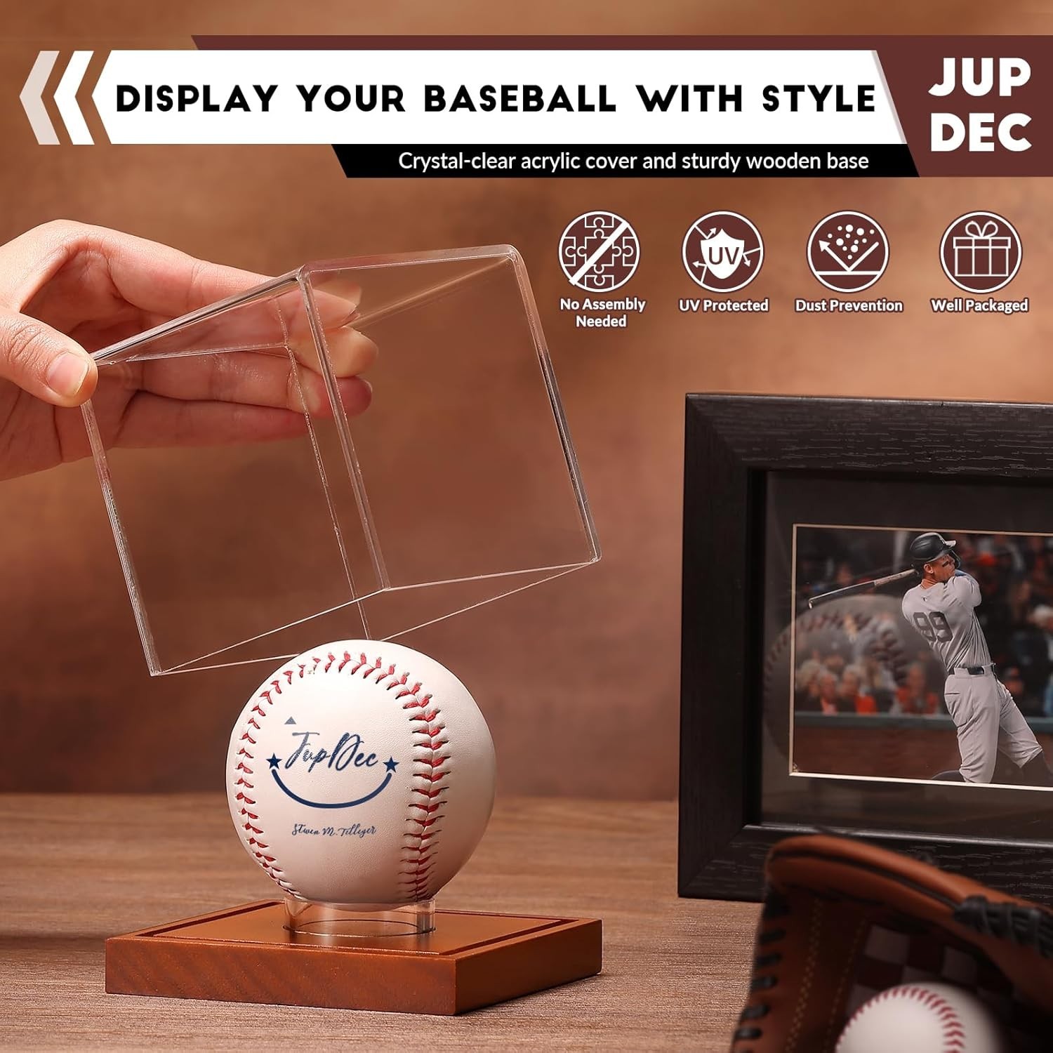 Single Ball Acrylic Display Case with Brown Wood Base – Tabletop Mount