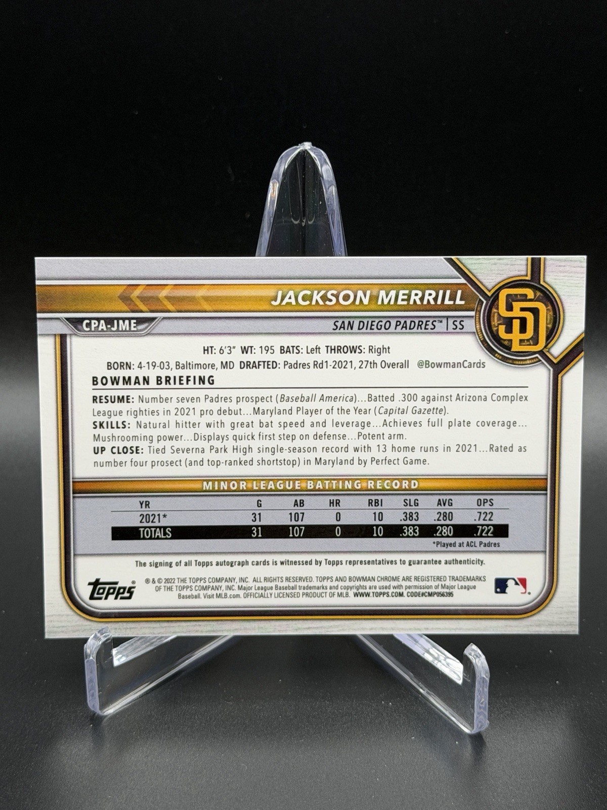2022 Bowman Chrome Jackson Merrill Speckle Auto /299 Padres RC Prospect