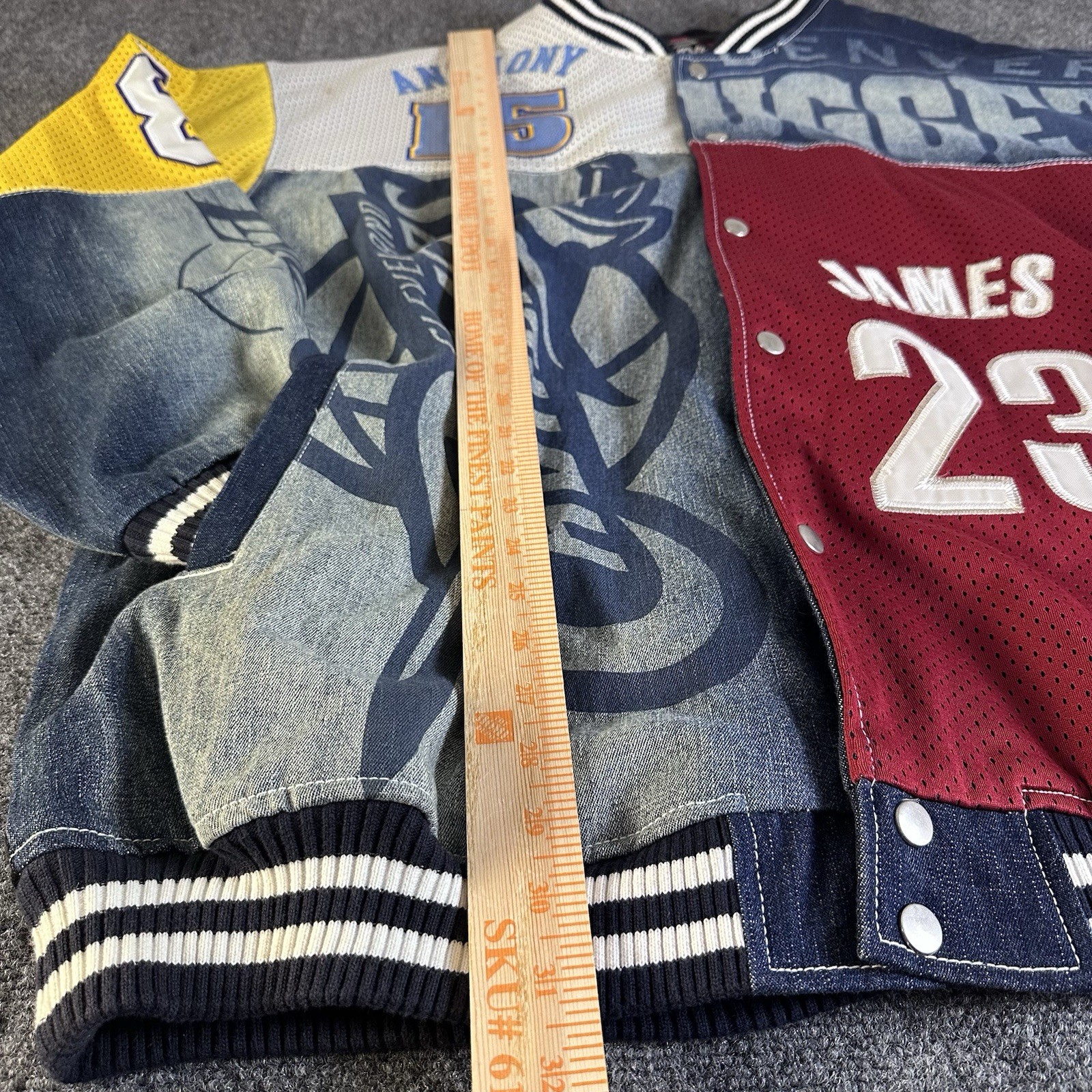 Vintage UNK NBA Patchwork Denim Jersey Varsity Jacket Mens 2XL LeBron Kobe