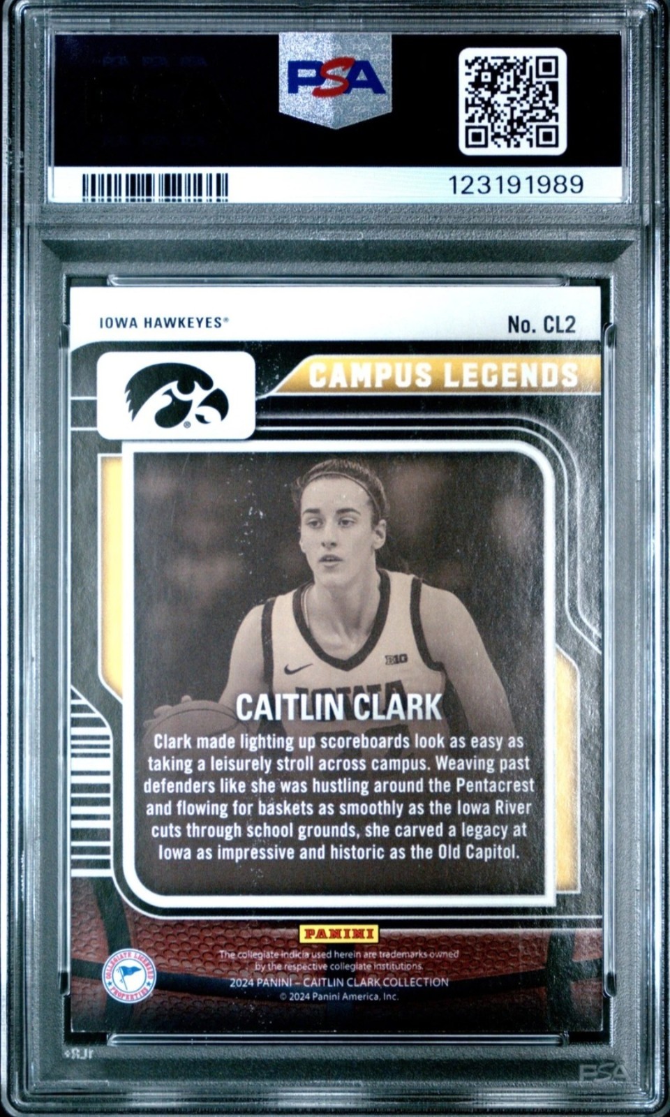 Caitlin Clark PSA 7 PANINI 2024 COLLECTION CAMPUS LEGENDS FLT HEARTS #’d /199