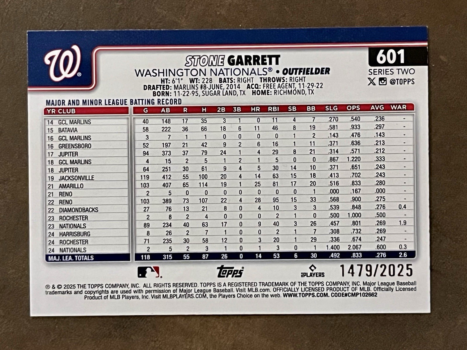 2025 Topps Series 2 Stone Garrett Gold Parallel /2025 Nationals #601