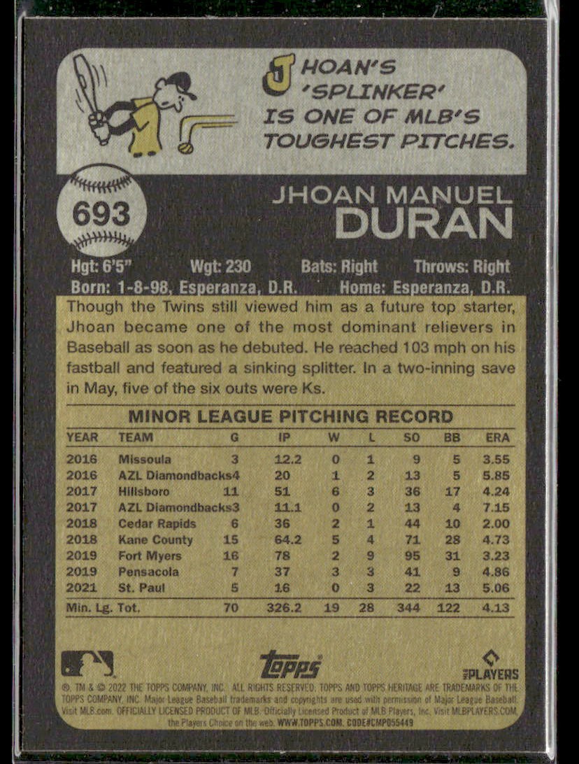 2022 Topps Heritage JHOAN DURAN #693 NM Purple Refractor RC