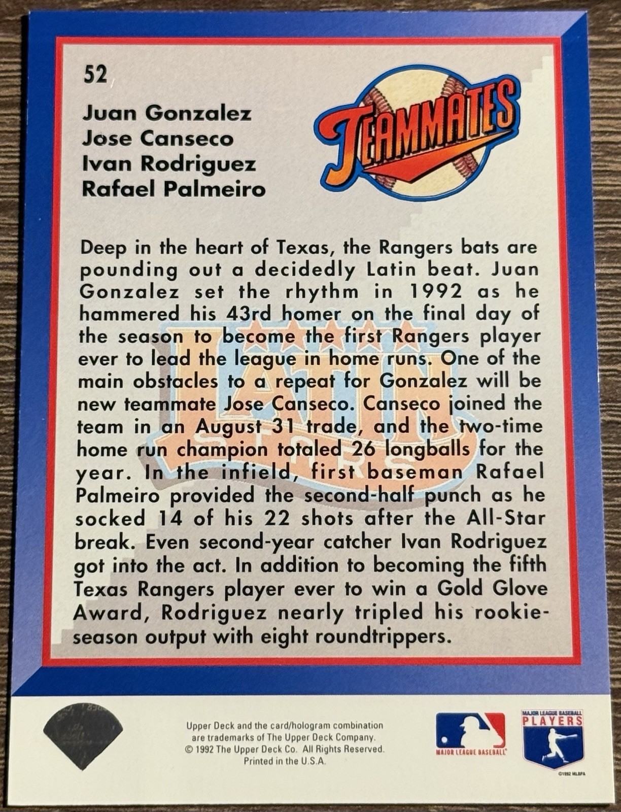 1992 Upper Deck Baseball Card #52 Latin Stars Teammates Juan Gonzalez Rodriguez