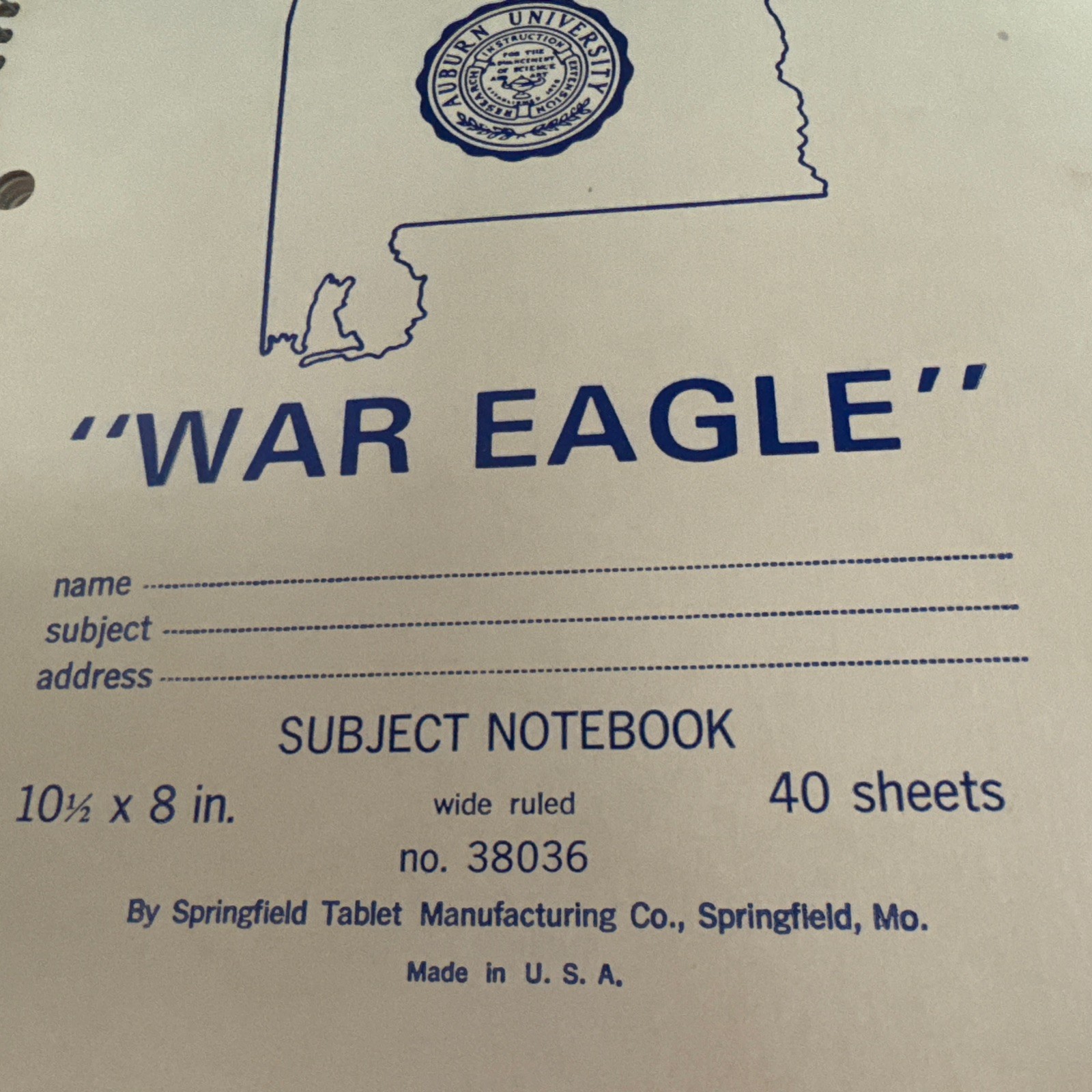 VINTAGE Alabama Auburn War Eagle Spiral Subject Notebook Made In USA 10.5 X 8