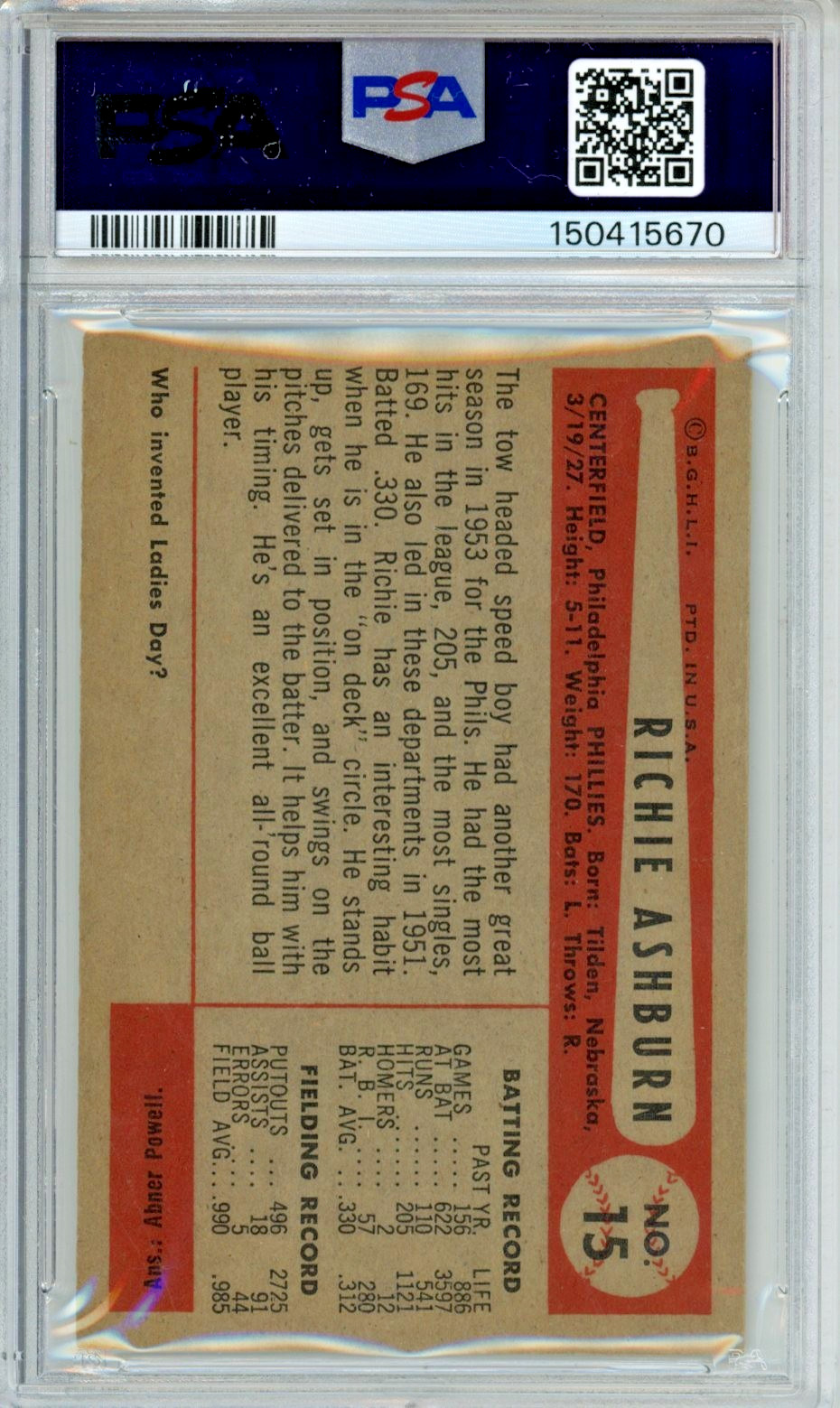 1954 Bowman Richie Ashburn baseball card, graded EX 5, #15 in the set Phillies
