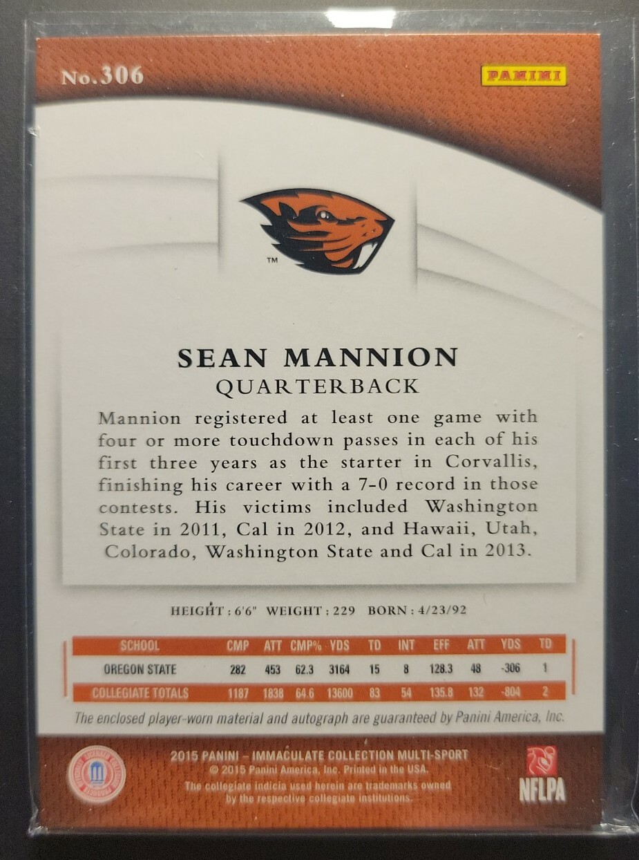 2015 Panini Immaculate Sean Mannion RPA Rookie Patch Auto #306 Oregon State /99