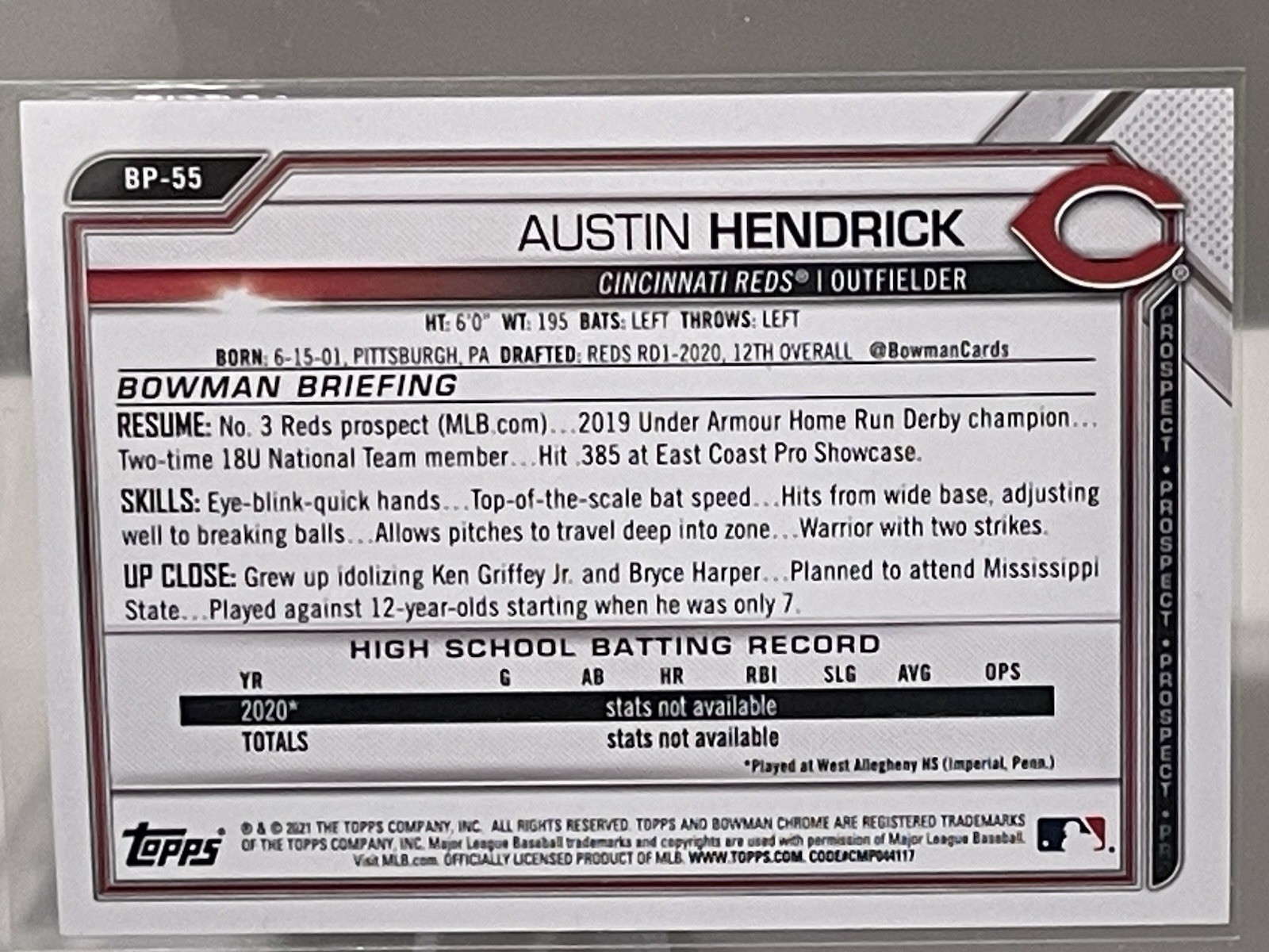 2021 Bowman – Prospects Austin Hendrick #BP-55 Sky Blue Border 256/499 (RC)