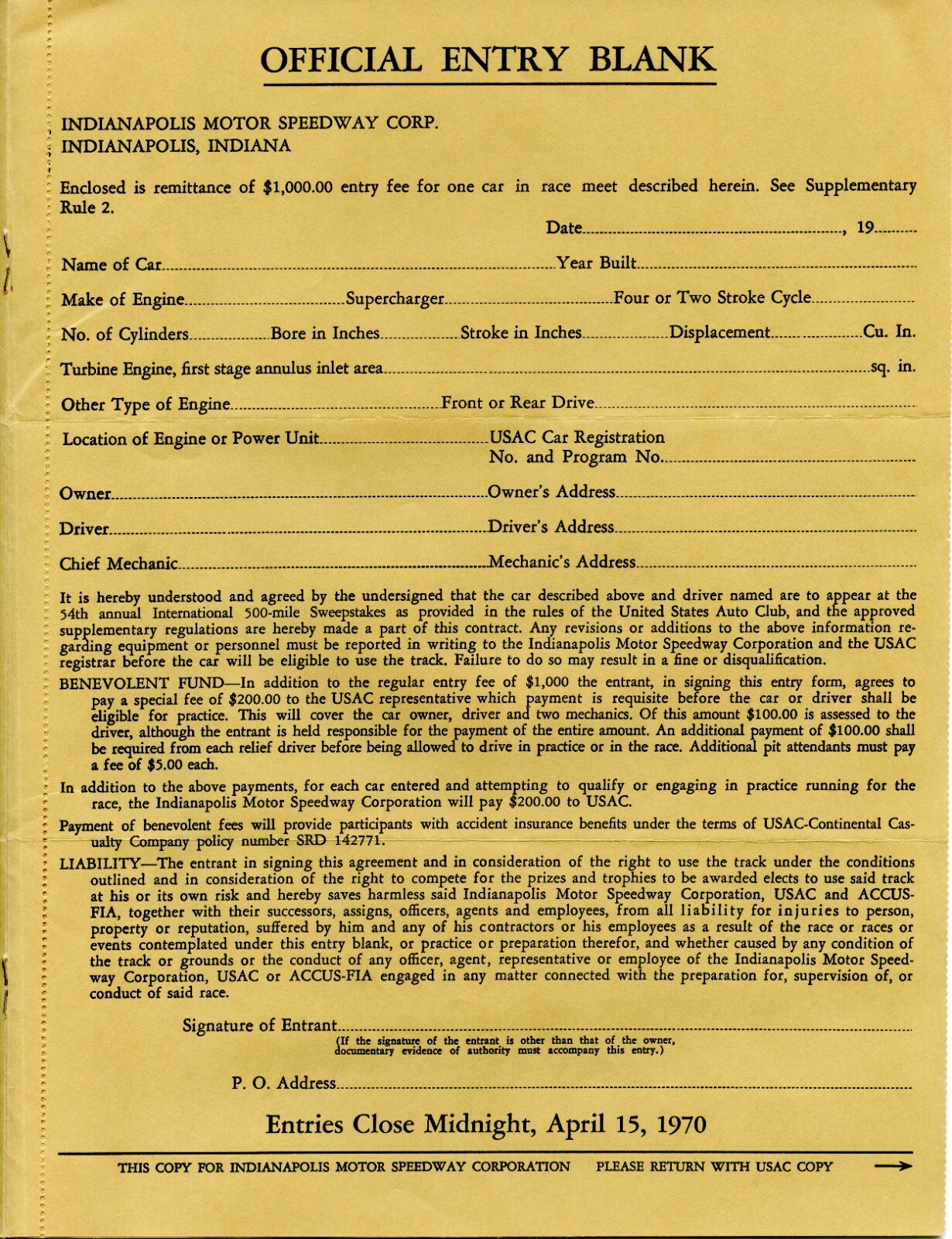 Indy 500 1970 OFFICIAL ENTRY BLANK RULES AND REGULATIONS