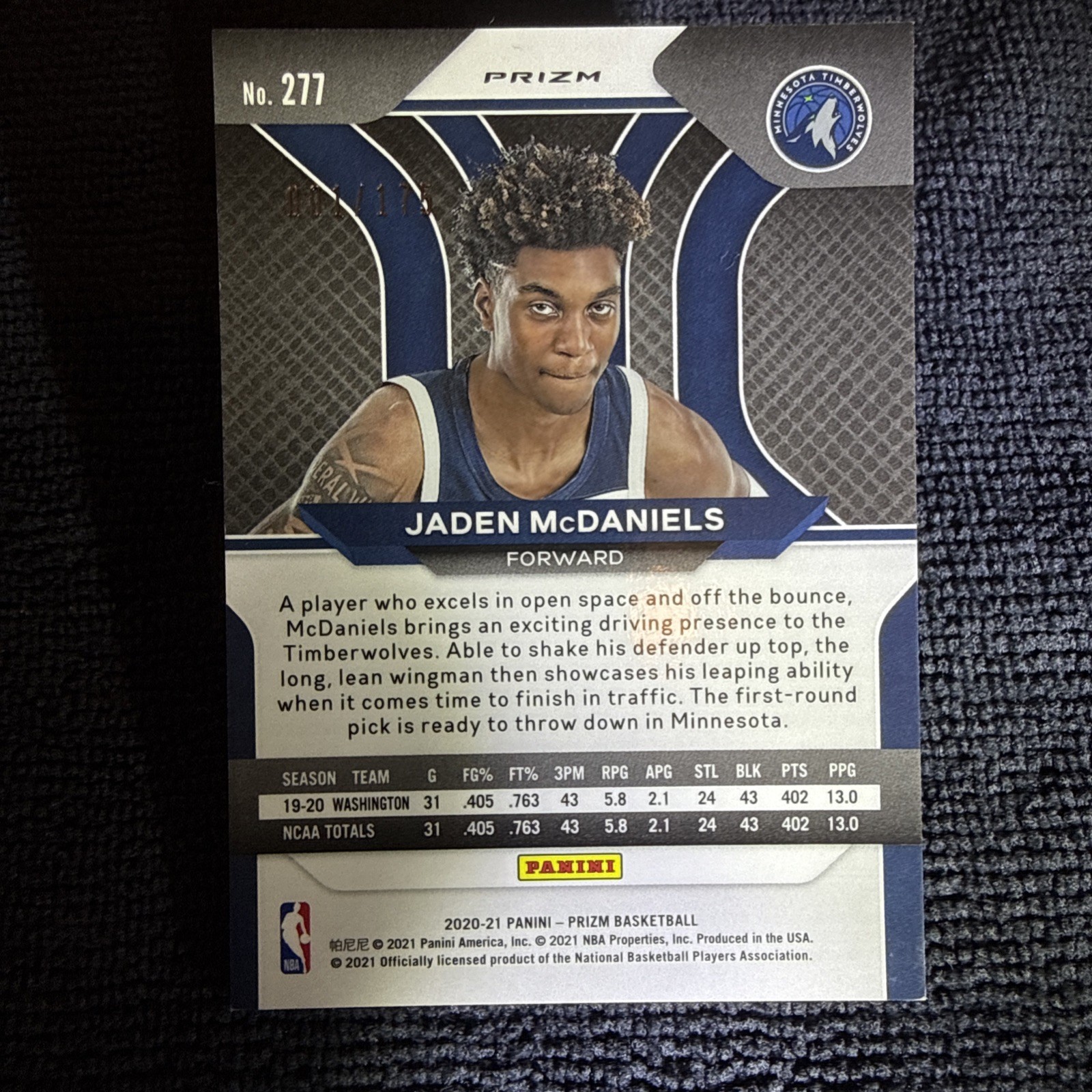 2020-21 Panini Prizm – Jaden McDaniels #277 Blue Fast Break Disco Prizm /175 RC