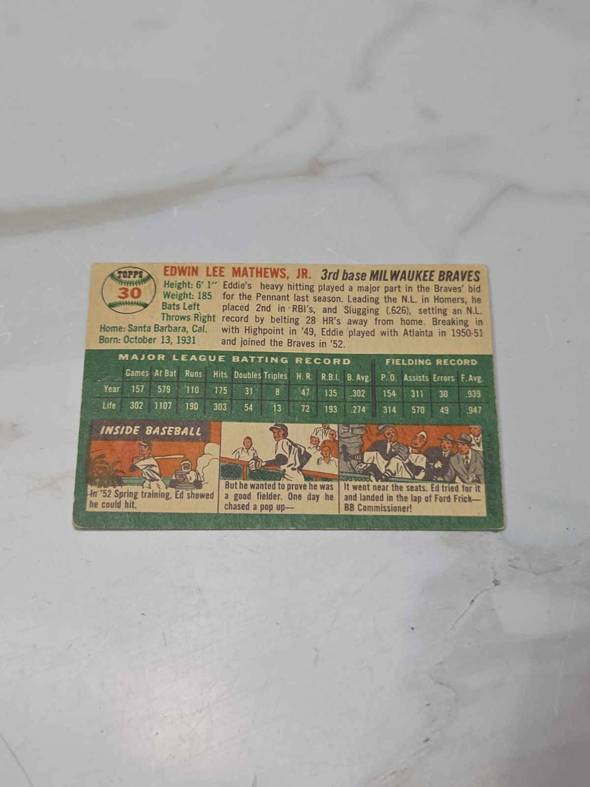 1954 Topps Set-Break # 30 Ed Mathews Milwaukee Braves
