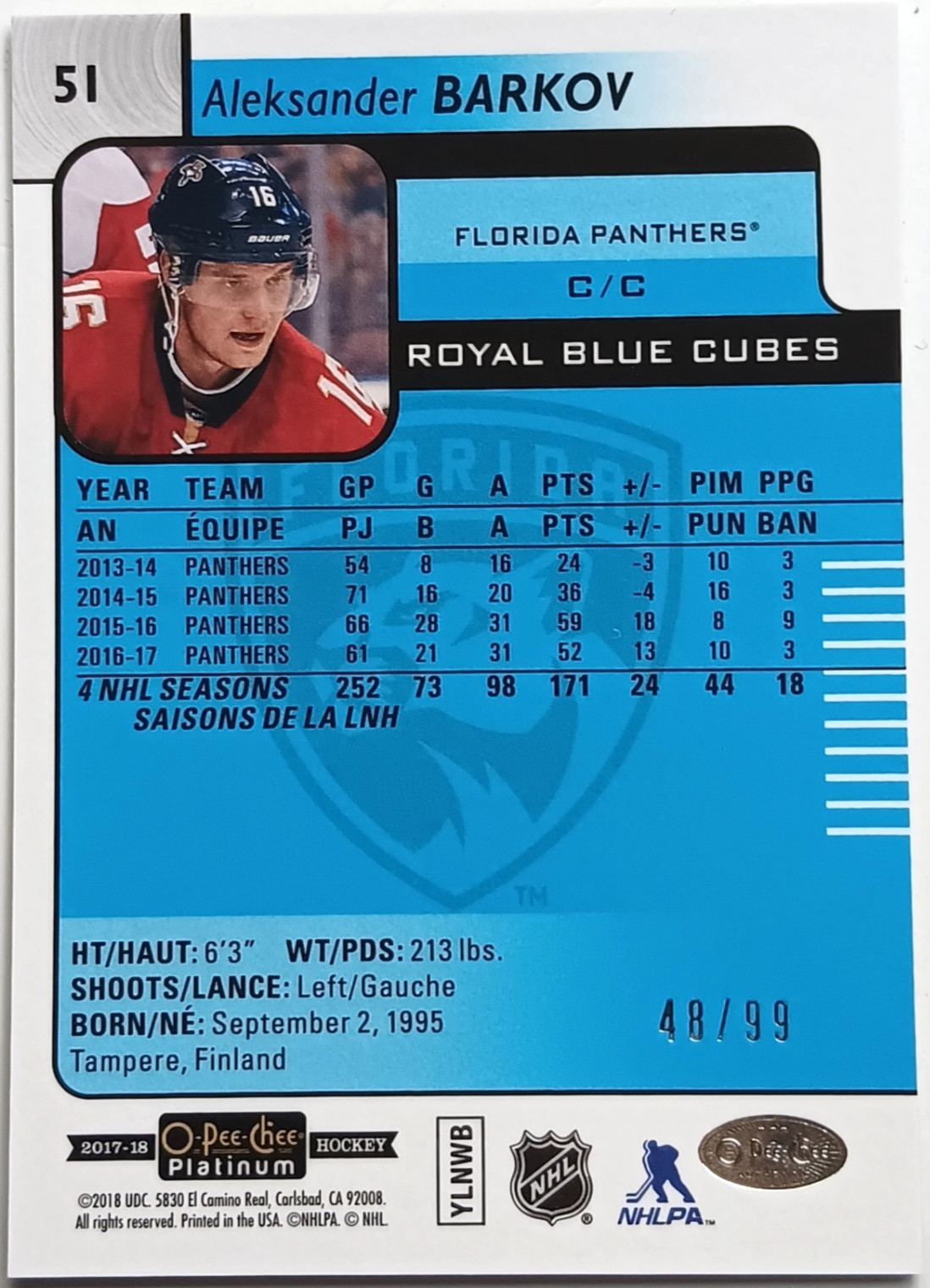 2017-18 OPC Platinum Royal Blue Cubes Aleksander Barkov /99 Florida Panthers