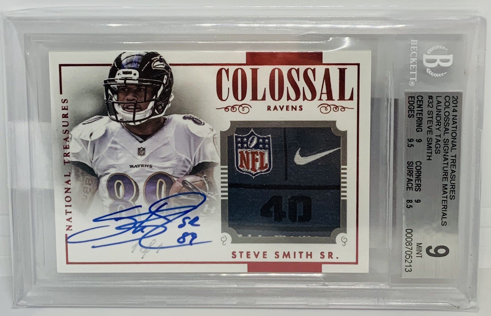 2014 National Treasures Steve Smith Sr 1/1 Laundry Tag LOGO Patch ON-CARD Auto
