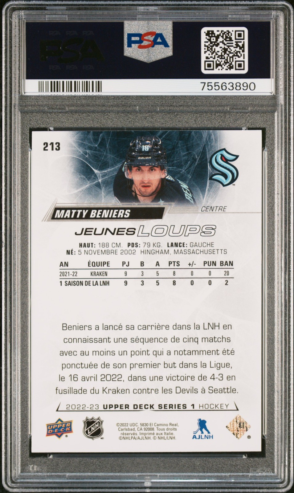 2022 Upper Deck Matty Beniers RC (Young Guns-French) #213 PSA 9 Seattle Kraken