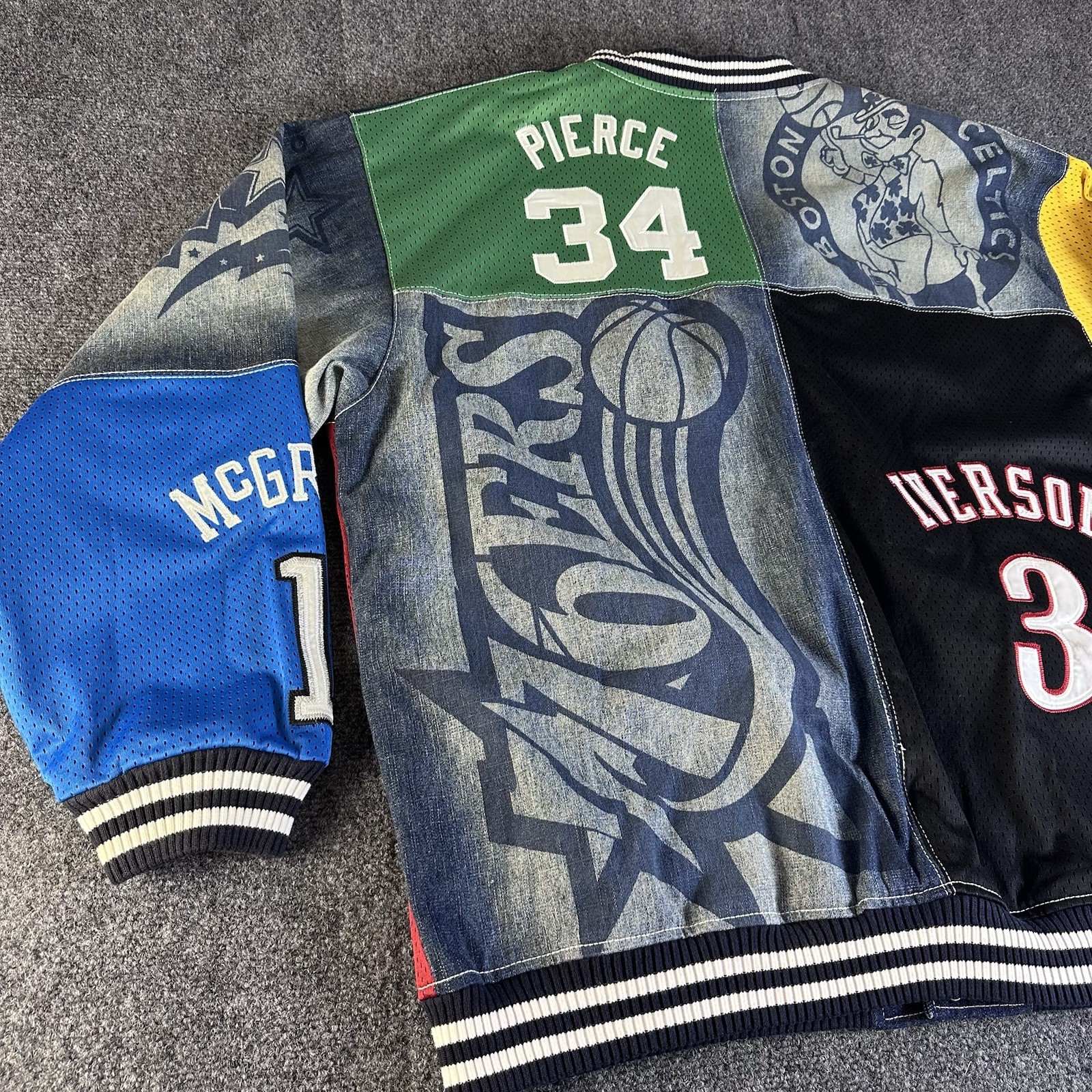 Vintage UNK NBA Patchwork Denim Jersey Varsity Jacket Mens 2XL LeBron Kobe