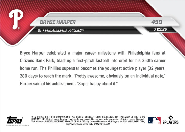 Bryce Harper 2025 MLB Topps NOW – Card 459 – In Stock