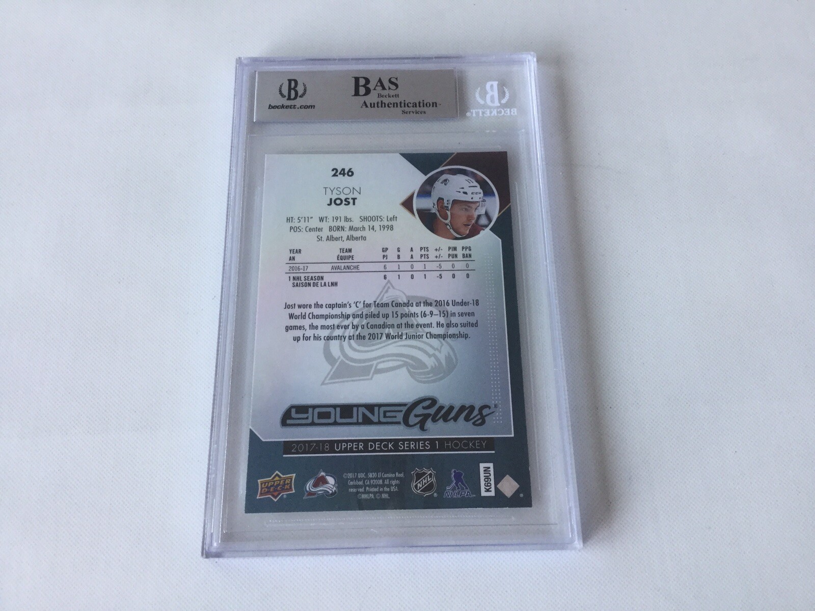 Tyson Jost Signed UD Oversized Young Guns Card RC Rookie Slabbed Beckett BAS b