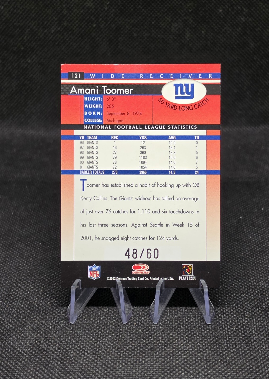 2002 Donruss Season Stat Line Amani Toomer /60 NY Giants