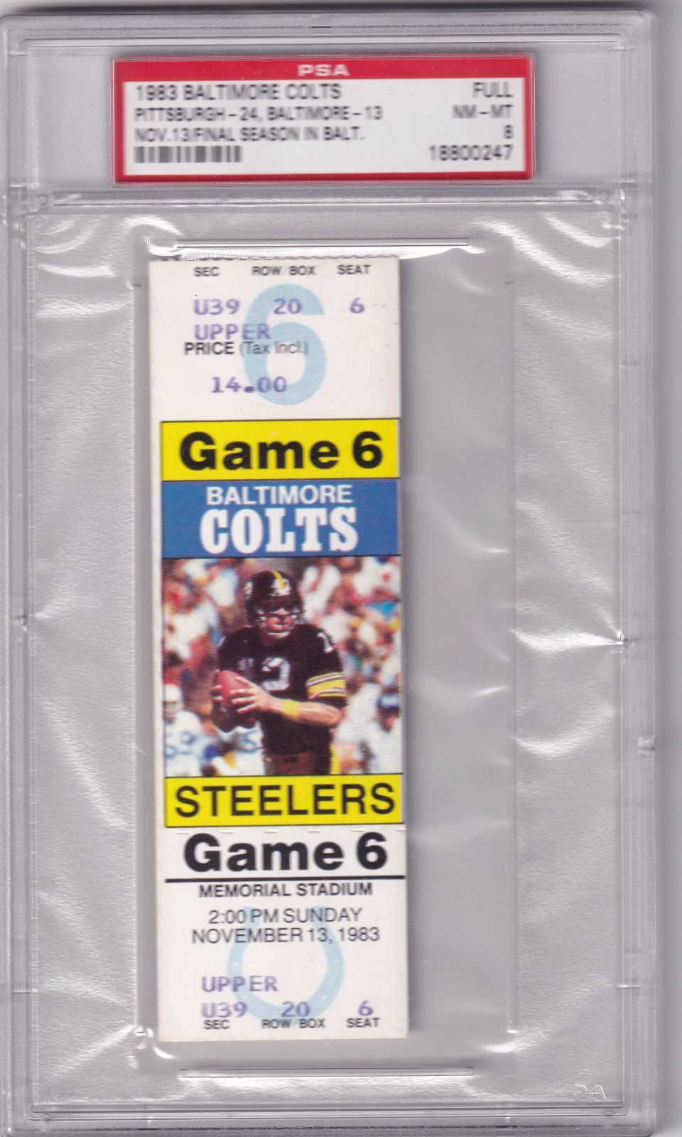 1983 Baltimore Colts Full Ticket v Pittsburgh Steelers Nov 13 1983 PSA 8