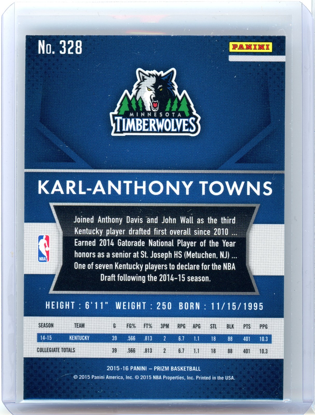 2015-16 Panini Prizm Karl-Anthony Towns #328 Rookie RC