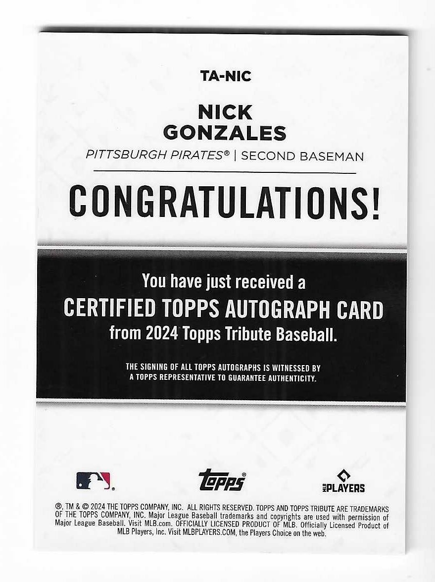 Nick Gonzales 2024 TOPPS TRIBUTE MLB ROOKIE AUTOGRAPH CARD Pirates RC AUTO /199