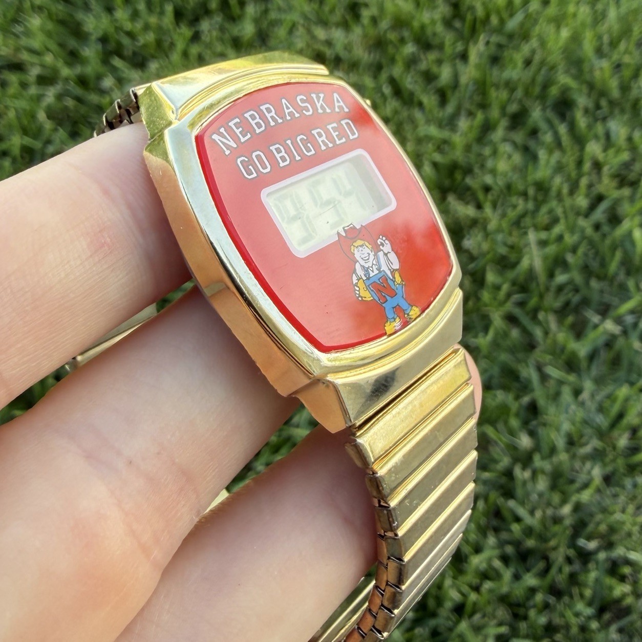 Vintage Nebraska Corn Huskers Gold Tone Digital Mens Watch Rare With Box