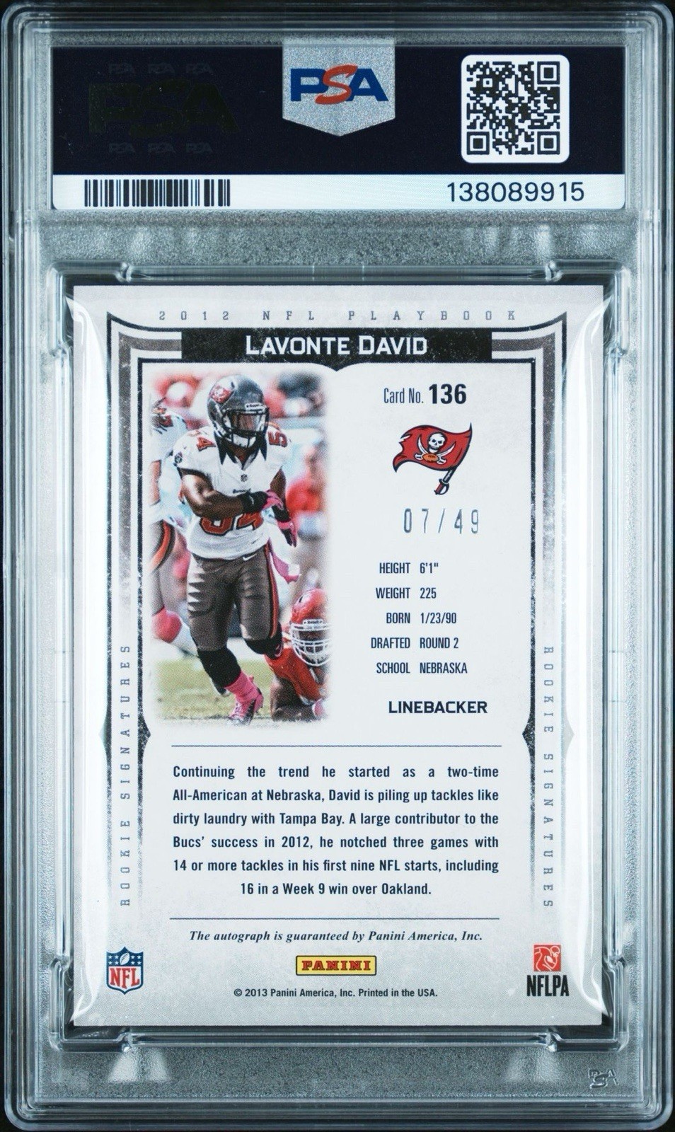2012 7/49 PANINI PLAYBOOK AUTOGRAPH GOLD LAVONTE DAVID PSA 8 AUTO 8 136