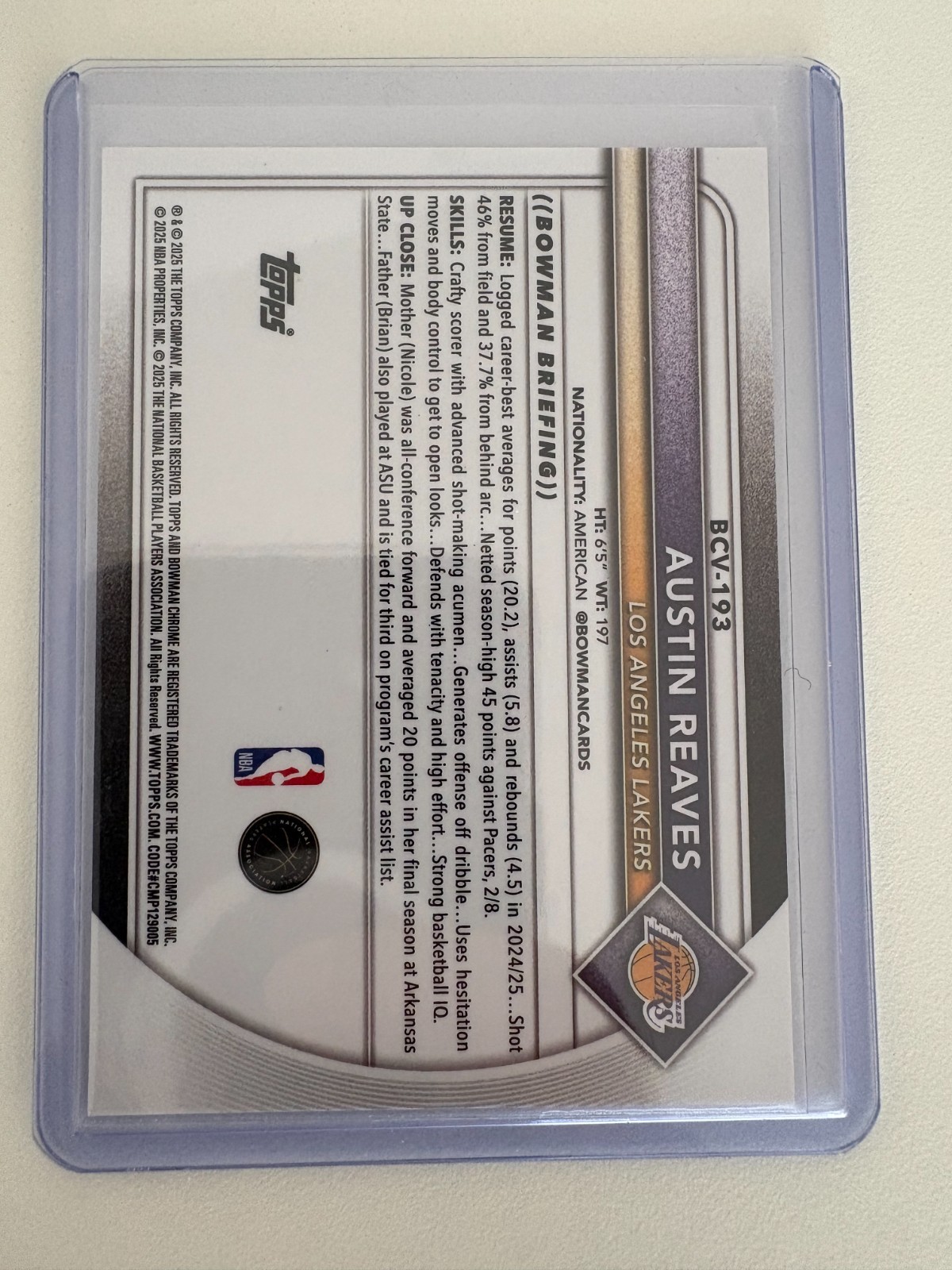 2025-26 Bowman Basketball Austin Reaves gold /50 Color Match