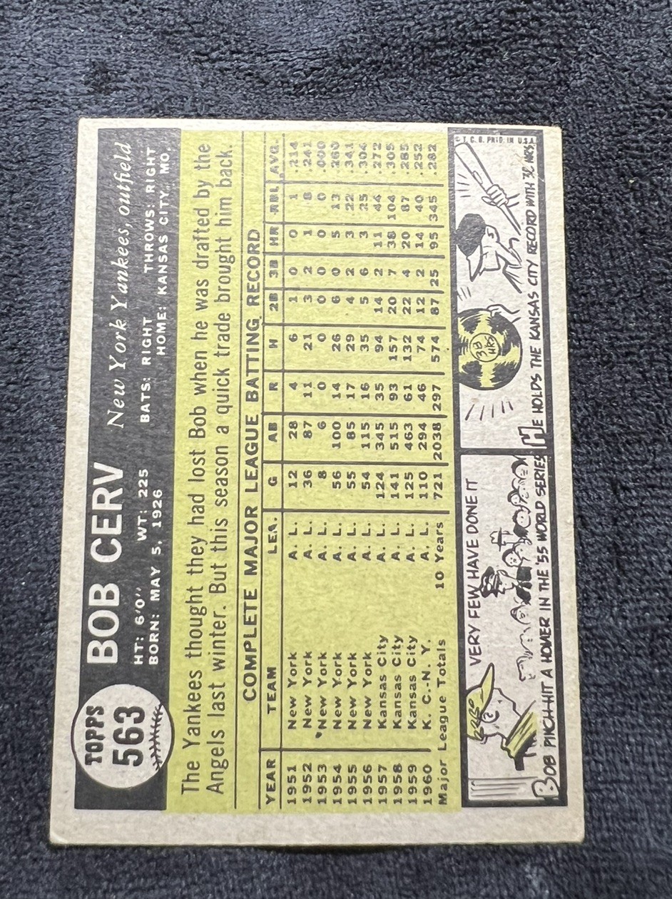 1961 Topps High Number #563 Bob Cerv New York Yankees Baseball Card RARE
