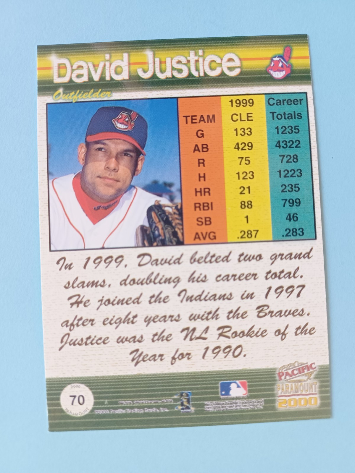 2000 PACIFIC PARAMOUNT DAVID JUSTICE #70 RUBY RED PARALLEL CLEVELAND INDIANS