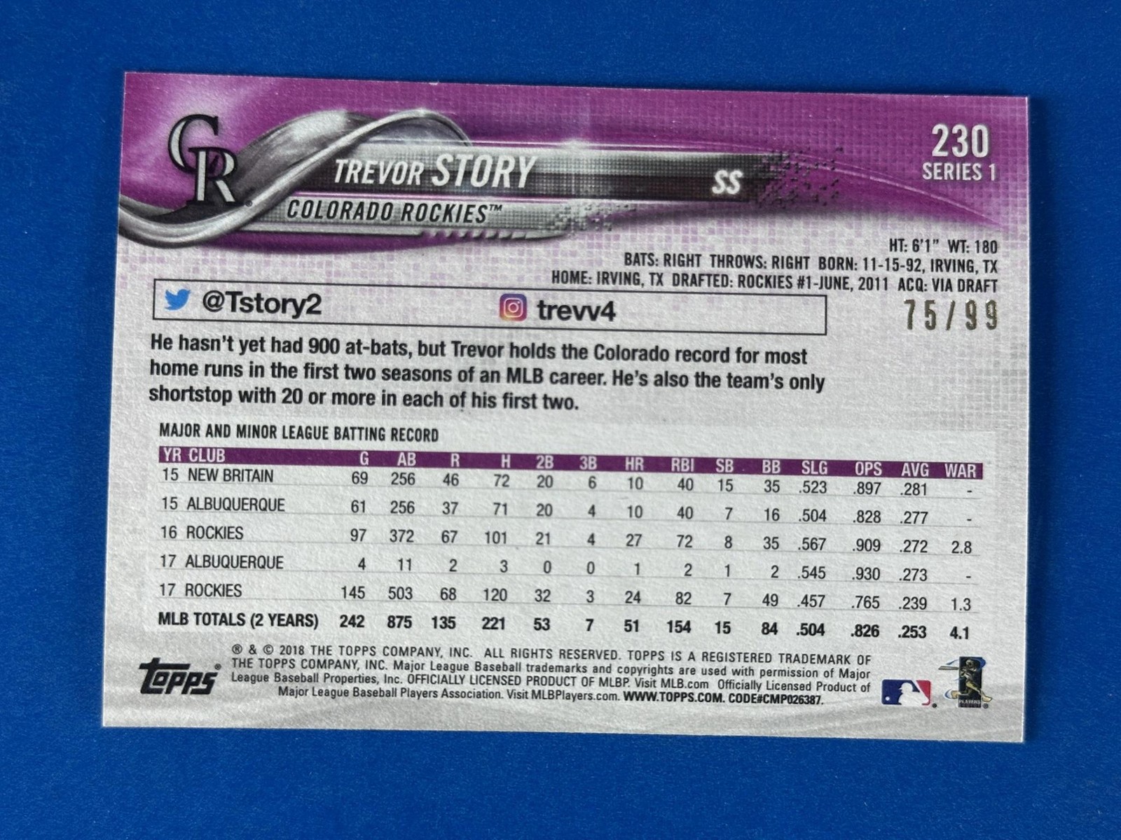 2018 Topps Vintage Stock #230 Trevor Story Colorado Rockies #/99