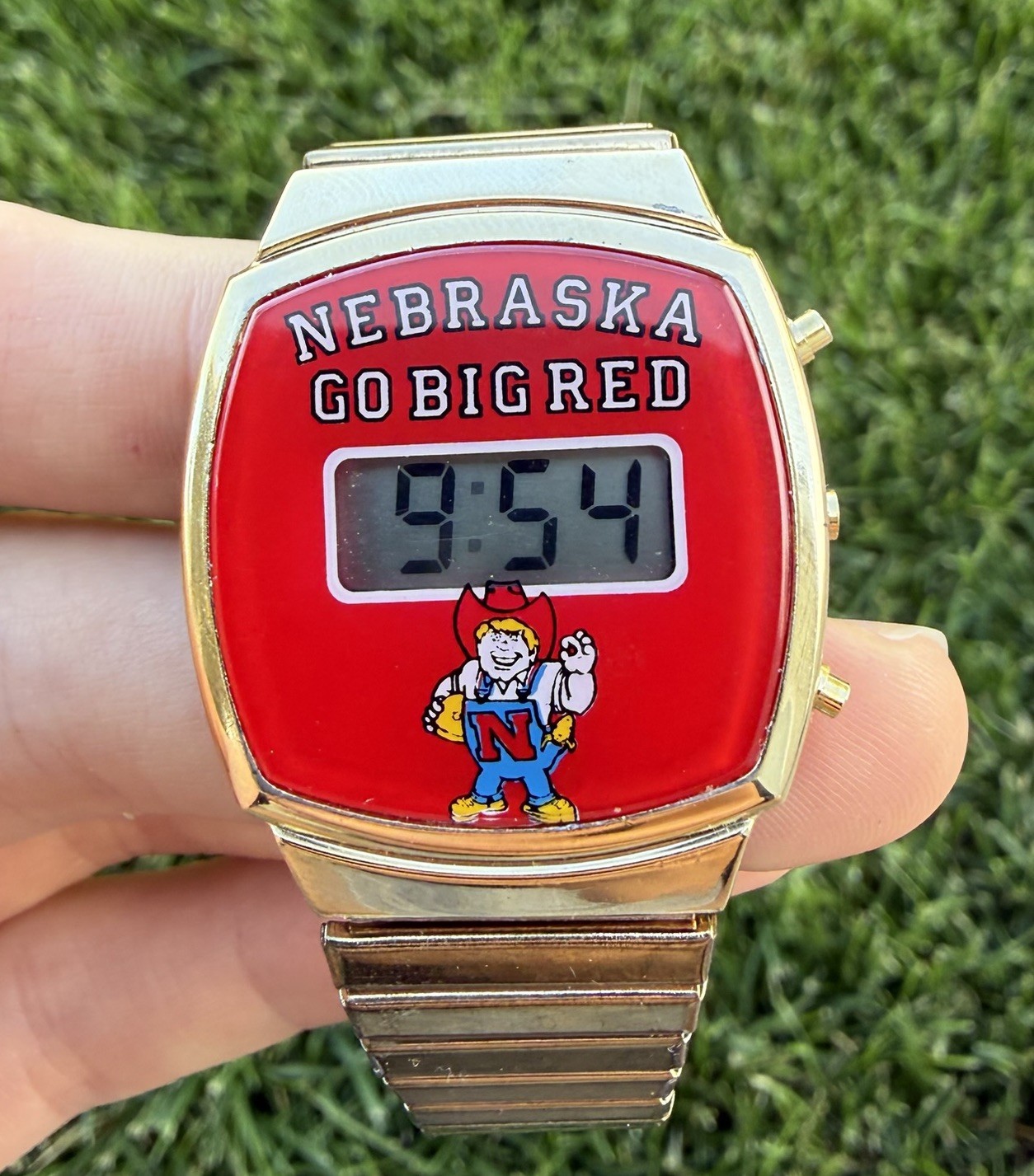 Vintage Nebraska Corn Huskers Gold Tone Digital Mens Watch Rare With Box