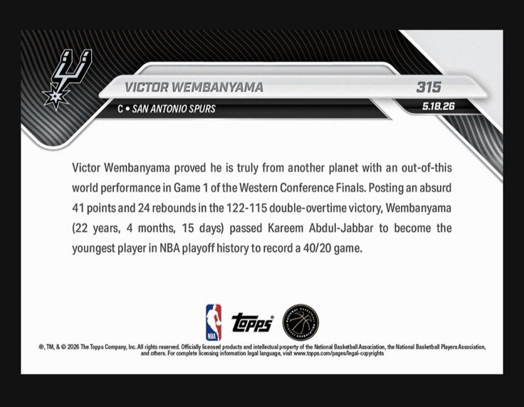 Victor Wembanyama 41/24 Playoffs 2OT – 2025-26 NBA Topps NOW – Card 315 Presale