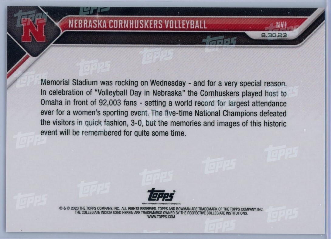 2023 Bowman U Now NV1 Nebraska Cornhuskers Volleyball 92003 Attendance PR 7399