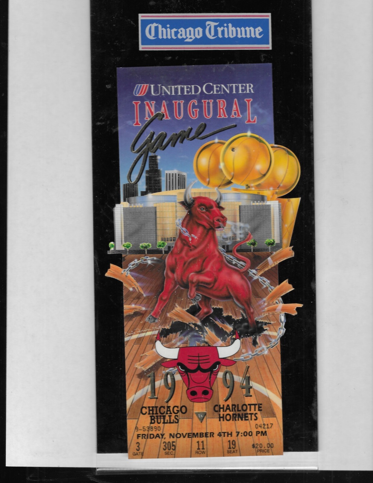 Chicago Bulls Ticket United Center Inaugural Game 11/04/94 w/ acylic Display #2