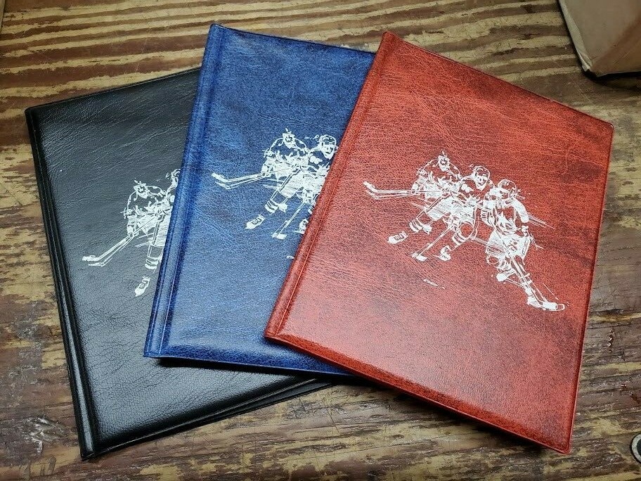 3 Mini Hockey Binded Albums binders 10pages – 4 card sheets red blue black